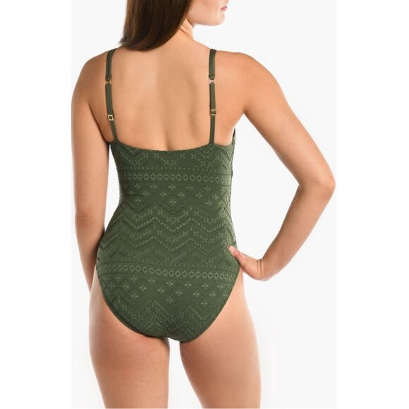 NWT La Blanca Women's Salt Eyelet One-Piece Swimsuit in Olive Green Size 12 - Picture 3 of 12